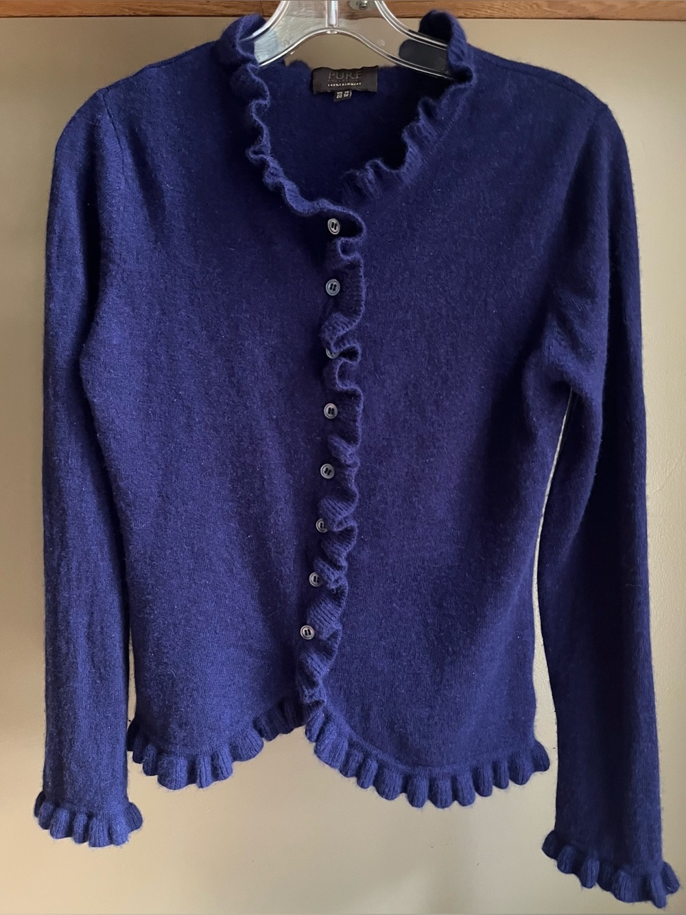 Pure Collection Cobalt Blue Ruffle-Trim Cashmere Cardigan Sweater